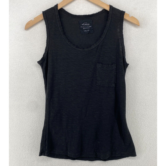 MICHELLE Tank Top S Slub Jersey Fringed Pocket Scoop Neck Sleeveless Shell Black - Picture 1 of 11